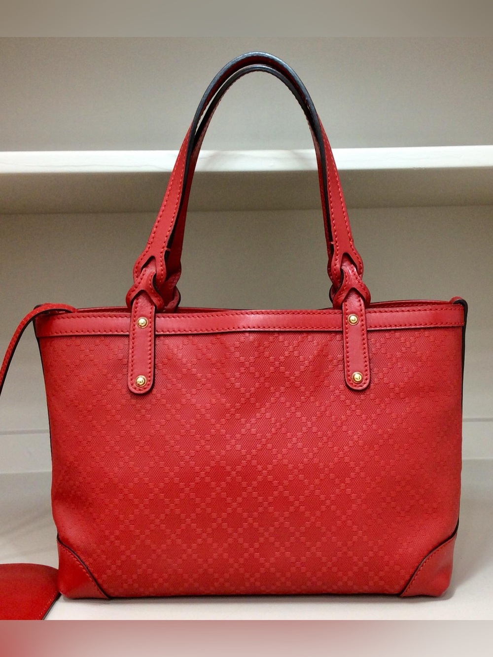 Authentic Gucci Small Diamante Craft Tote Canvas Leather with Pouch Red Bag - Picture 3 of 16